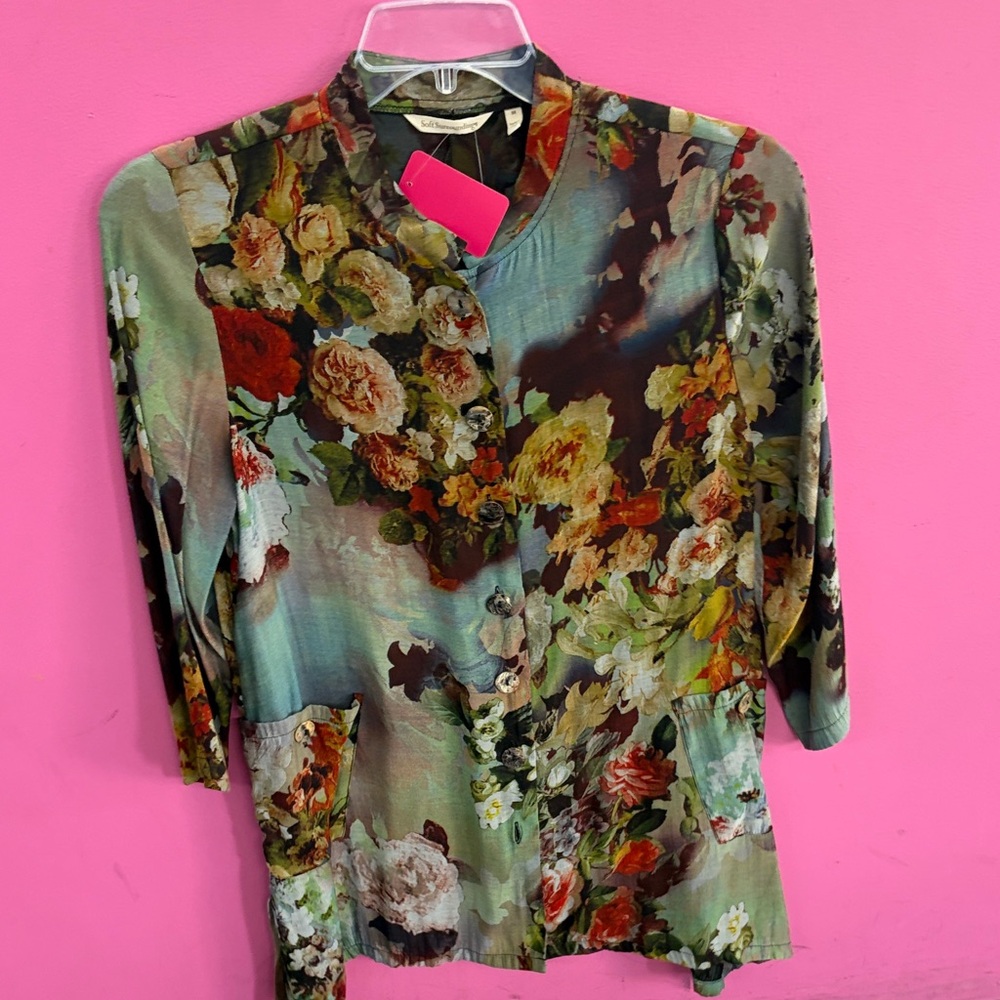Soft Surroundings Green Floral Button-Front Blouse